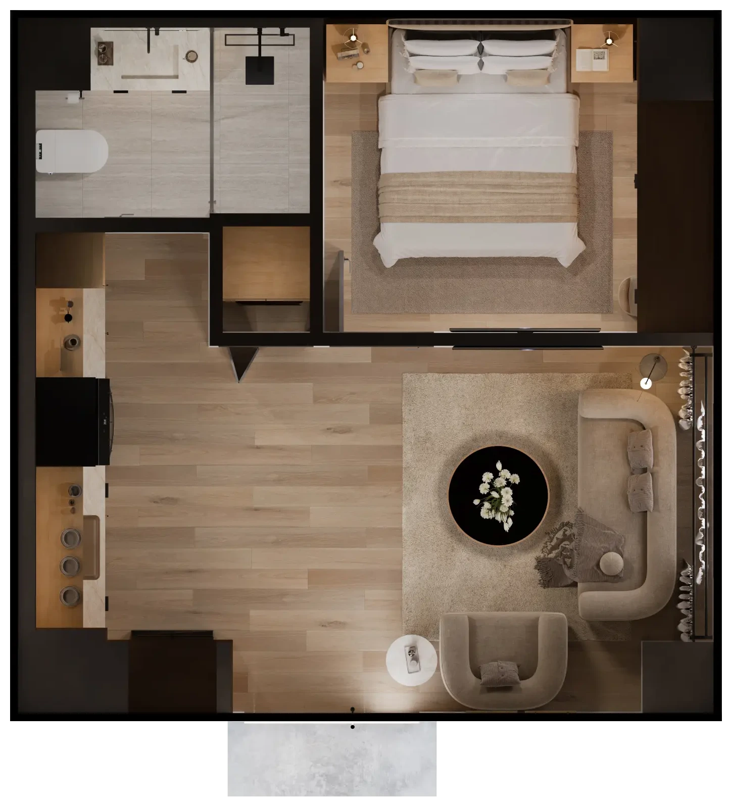Sophia 400 SQFT furnished top down layout